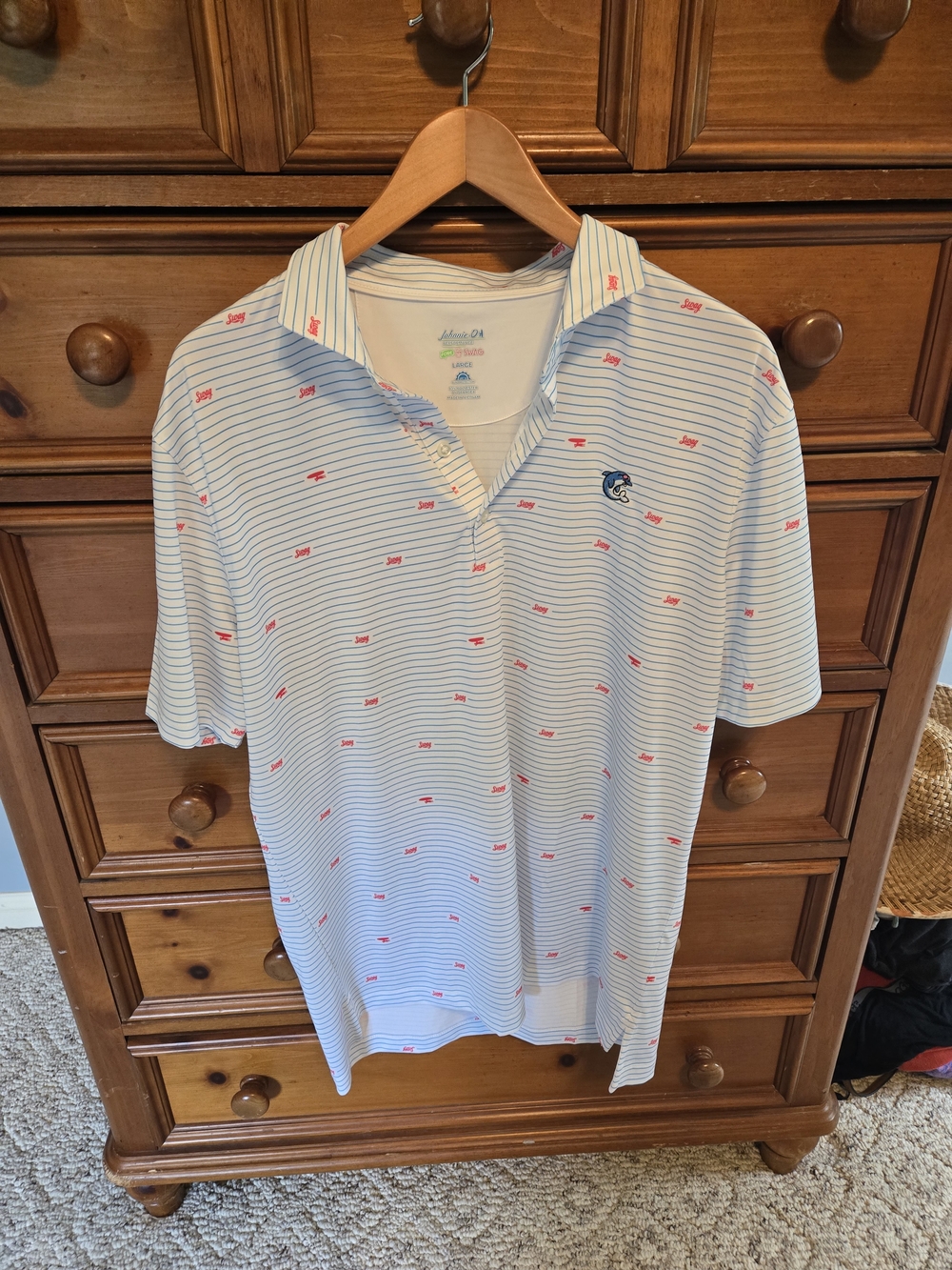 johnnie-O Sky Blue Striped Polo with Pink Accent Logos